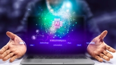 Digital representation of AI above a computer Digital representation of AI above a computer