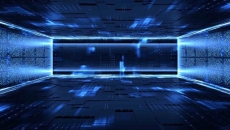 Glowing blue door in a data room Glowing blue door in a data room