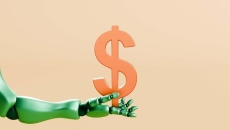 Futuristic Green Robotic Arm Offering a Golden Dollar Symbol  Futuristic Green Robotic Arm Offering a Golden Dollar Symbol