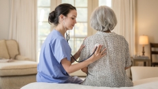 Healthcare provider sitting next to a patient on a bed listening to their lungs with a stethoscope Healthcare provider sitting next to a patient on a bed listening to their lungs with a stethoscope