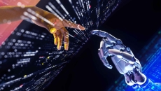 Digital image of two hands touching each other through a data screen Digital image of two hands touching each other through a data screen