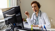Healthcare provider sitting at a desk wearing a lab coat and headphones while talking to someone on a computer Healthcare provider sitting at a desk wearing a lab coat and headphones while talking to someone on a computer