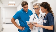 Three healthcare providers standing in the hallway of a clinical building looking at a tablet together Three healthcare providers standing in the hallway of a clinical building looking at a tablet together