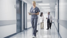 Healthcare provider walking through a hallway with two other healthcare providers standing behind them Healthcare provider walking through a hallway with two other healthcare providers standing behind them