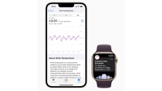 An Apple Watch next to an iPhone displaying ovulation estimates and temperature tracking data. An Apple Watch next to an iPhone displaying ovulation estimates and temperature tracking data.