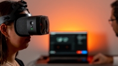 Person wearing a VR headset with a healthcare provider sitting next to them near a computer Person wearing a VR headset with a healthcare provider sitting next to them near a computer