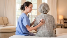 A provider listening to a patient's heartbeat in their home. A provider listening to a patient's heartbeat in their home.