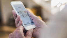 A close-up of a person holding a smartphone displaying heart rate and blood pressure data A close-up of a person holding a smartphone displaying heart rate and blood pressure data