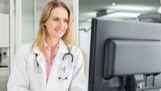 A doctor checking a patient's medical record on a desktop computer A doctor checking a patient's medical record on a desktop computer