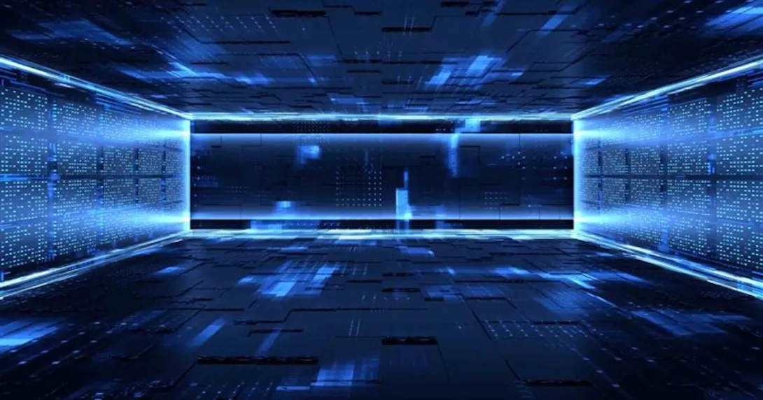 Glowing blue door in a data room Glowing blue door in a data room