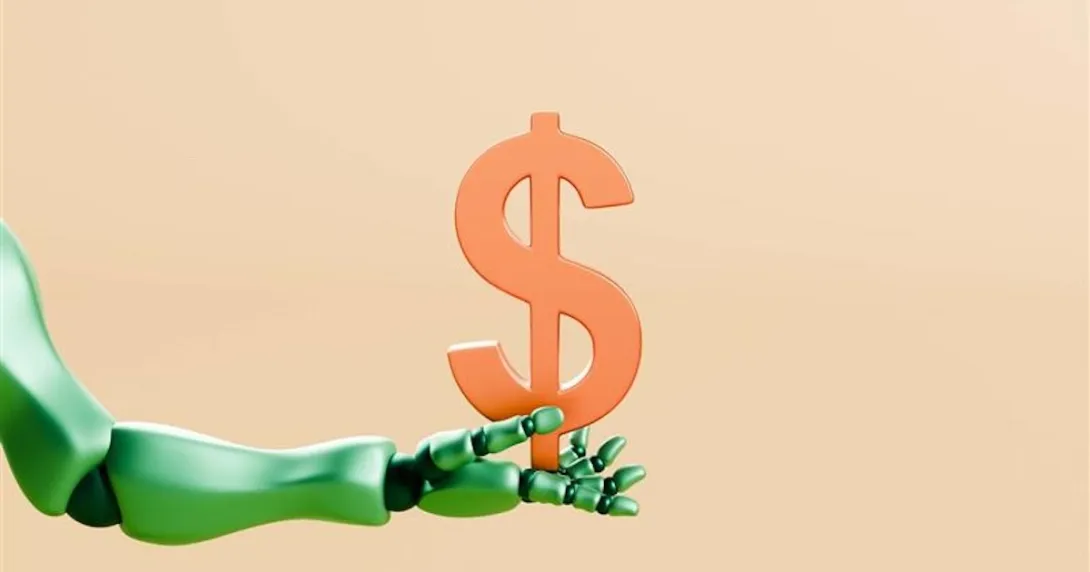 Futuristic Green Robotic Arm Offering a Golden Dollar Symbol  Futuristic Green Robotic Arm Offering a Golden Dollar Symbol