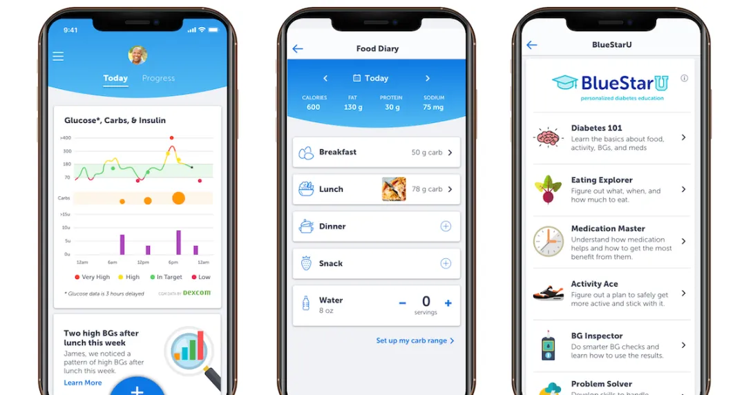 Images of smartphones displaying the BlueStar app Images of smartphones displaying the BlueStar app