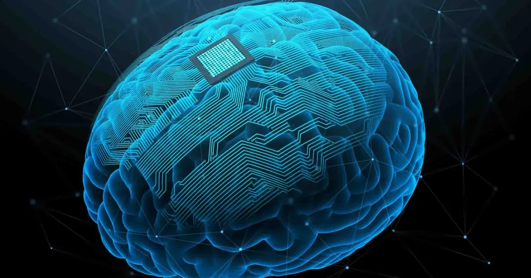 Digital image of a brain with a brain-computer interface on it Digital image of a brain with a brain-computer interface on it
