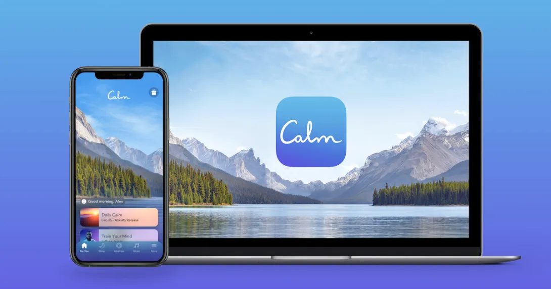 The Calm app on a phone and a laptop The Calm app on a phone and a laptop