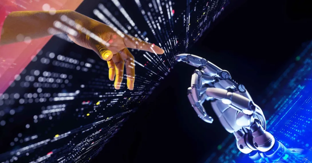 Digital image of two hands touching each other through a data screen Digital image of two hands touching each other through a data screen