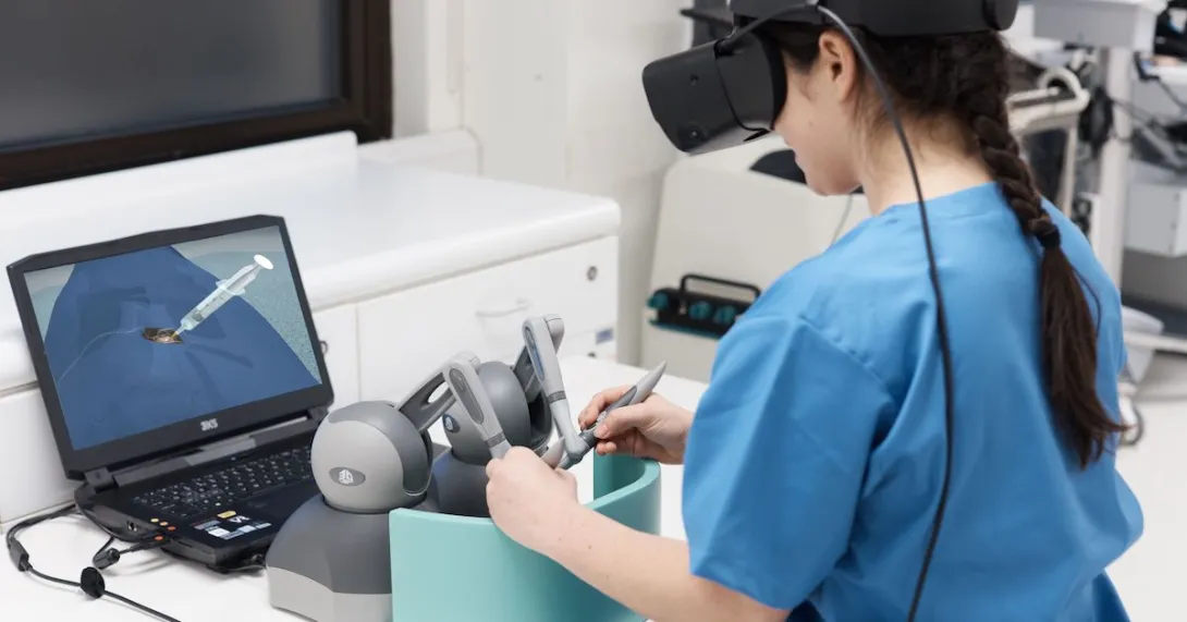 A person using the FundamentalVR platform for surgery training.