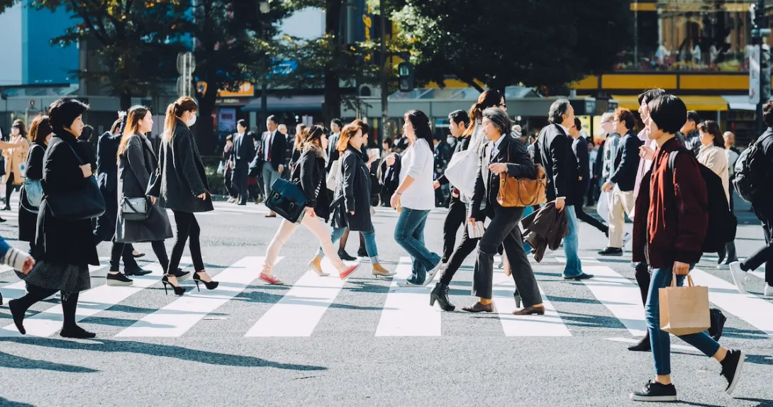 Many individuals walking on a city crosswalk Many individuals walking on a city crosswalk