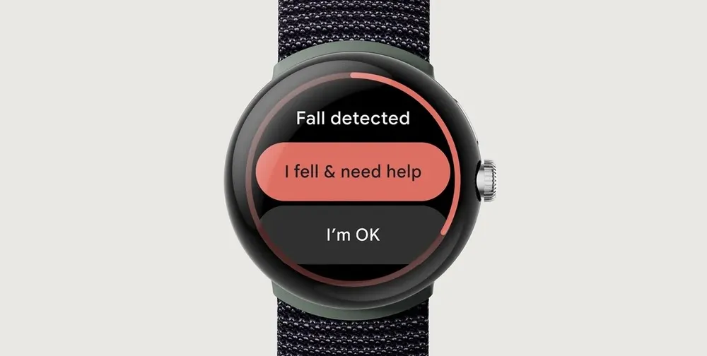 A Google Pixel Watch displaying a fall detection notification. A Google Pixel Watch displaying a fall detection notification.