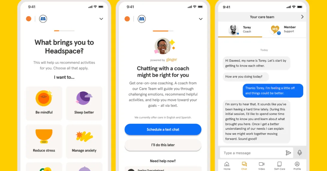 Smartphones displaying Headspace Health's app. Smartphones displaying Headspace Health's app.