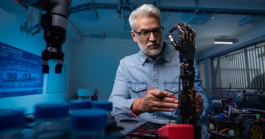 Robotics engineer working on a prosthetic Robotics engineer working on a prosthetic