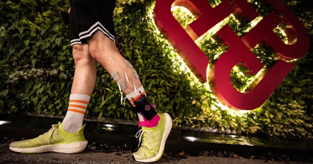 A person wearing PolyU's Mobile Ankle-foot Exoneuromusculoskeleton A person wearing PolyU's Mobile Ankle-foot Exoneuromusculoskeleton