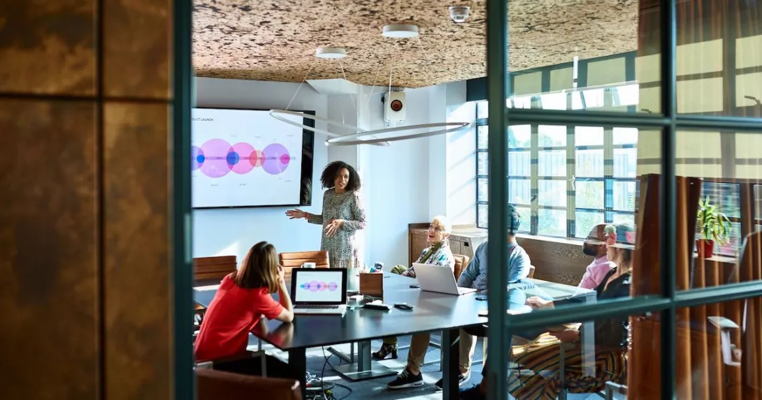 A woman presenting to a group of investors A woman presenting to a group of investors