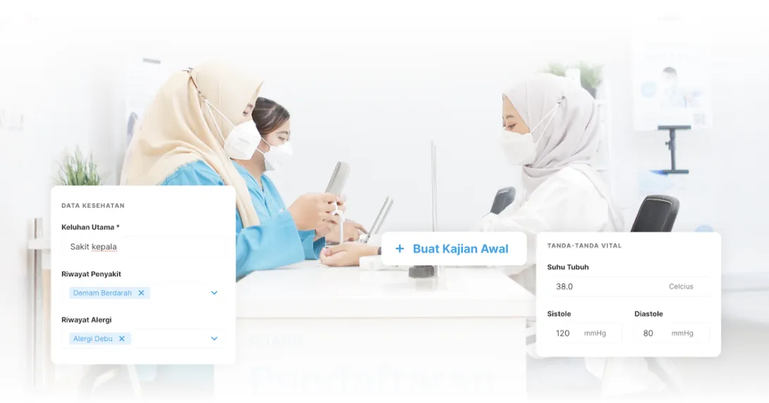 A Klinik Pintar clinic staff getting a patient's vitals A Klinik Pintar clinic staff getting a patient's vitals