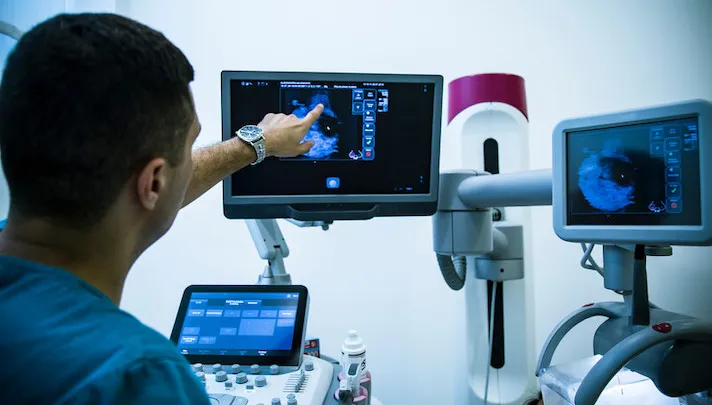 doctor conducting a mammogram