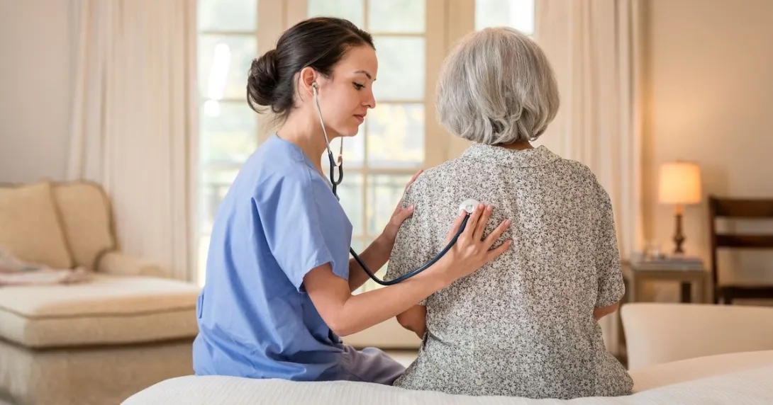 A nurse using a stethoscope on an older patient in her home. A nurse using a stethoscope on an older patient in her home.