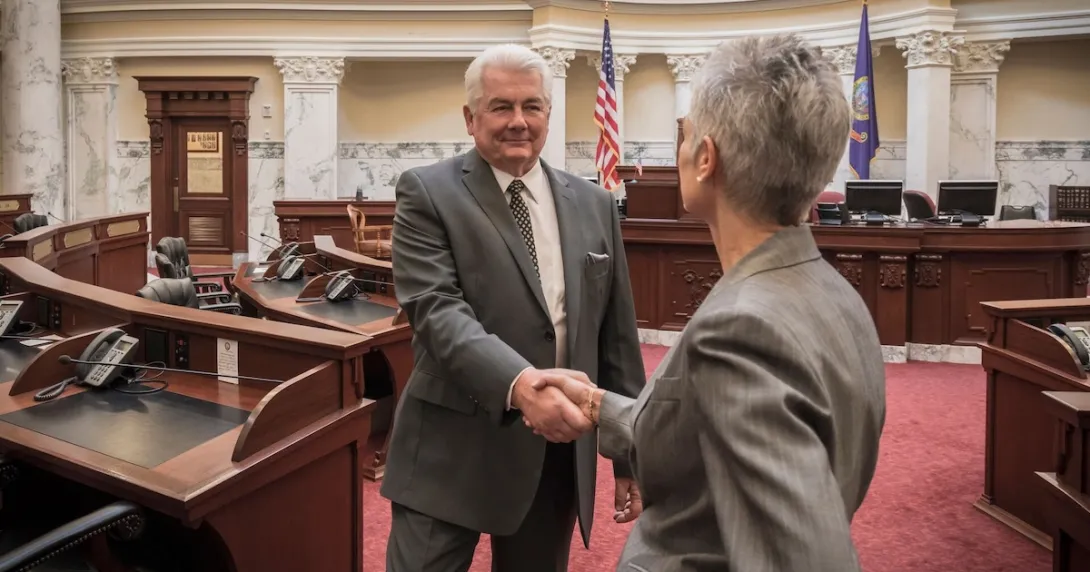 Two people shaking hands in a government building